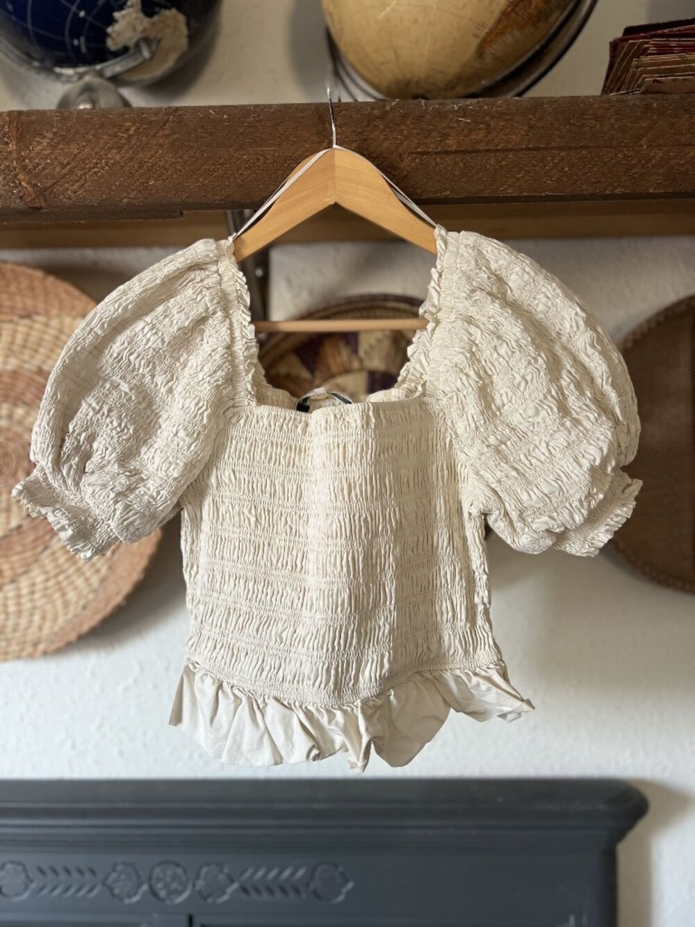 Smocked English Factory top with puff sleeves, neutral cream cottage  small
